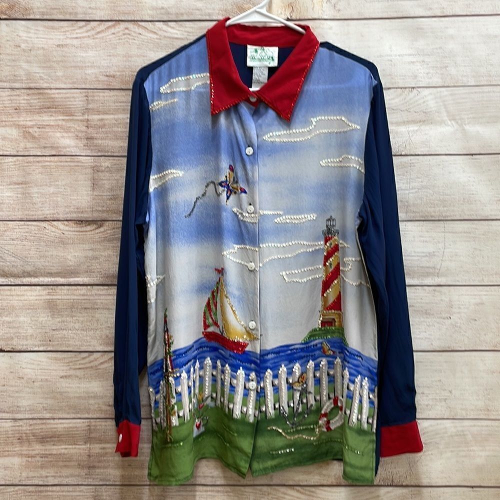 QUACKER FACTORY NAUTICAL PRINT BLOUSE IN 100% SILK